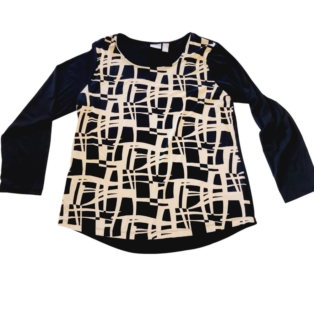 Chico's 2 Black Tan Geometric Print‎ Long Sleeve Scoop Neck Blouse Top Large - Picture 4 of 9